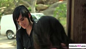 lesbian delivery crew bangin petite client with strap on, oops