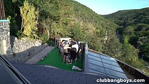 tasty rooftop bareback party with blowjob fingering group masturbation sucking