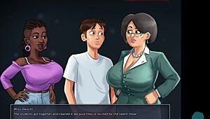 In summertime saga episode 55, the party starts with college students and milfs roleplaying