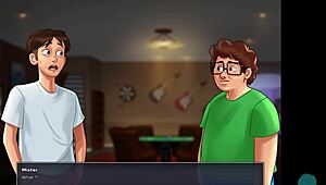 In summertime saga episode 55, the party starts with college students and milfs roleplaying