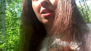 teen strolls through public park, pees, and drops some dirty talk in forest.