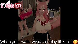 catgirl in anime cosplay outfit gives blowjob and gets cumshot on her big tits