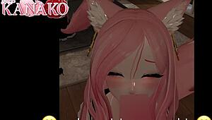 catgirl in anime cosplay outfit gives blowjob and gets cumshot on her big tits