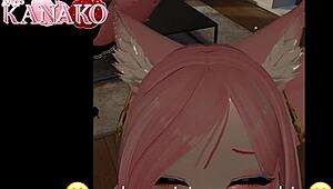 catgirl in anime cosplay outfit gives blowjob and gets cumshot on her big tits