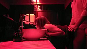 The couple is having passionate sex in the bathroom