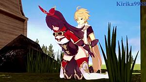 Amber and Fischl with Aether in intense Genshin Impact hentai sex?