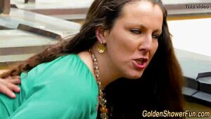 kinky whore gets soaked in a wild golden shower while craving more.