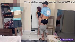 esposa cheating right next to her husband with a wild 3some and cum on ass