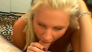 The hot blonde gives a slutty blowjob