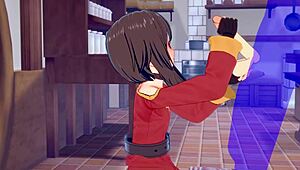 Konosuba hentai - Megumin handjob with cumshot in her face - Japanese Asian manga anime game porn.