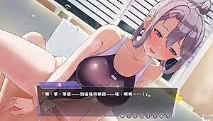 in the bathroom, she plays in swimsuit, serving on top for two ejaculations