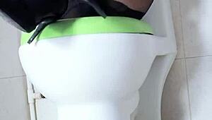 Asian Brunette Siganjue Masturbates Solo with Toys in Bathroom