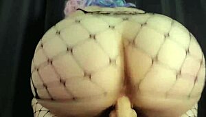 How long would you last if I fucked you like this PAWG in fishnets squatfucking a huge dildo?