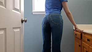 Wetting my tight denim jeans in the bathroom feels so wild!