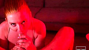 Slutty redhead gets cum-covered during lingam massage blowjob