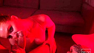 Slutty redhead gets cum-covered during lingam massage blowjob