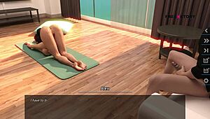 Alex shakes his dick while watching landlady's nude yoga