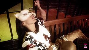 i find a naughty brunette in kitty mask for deepthroat blowjob facial