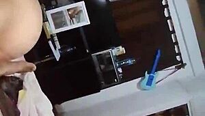 my esposa shows off shaved pussy and big tits for cumshot