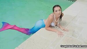 Wet teen mermaid rides big cock by the poolside today