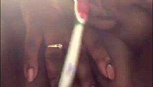 yo, his toothbrush got my wet ebony pussy squirting