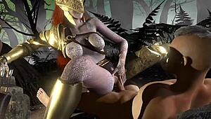 Malenia rides a thick shaft in the forest loop of Elden Ring parody. Her huge curves bounce wild.
