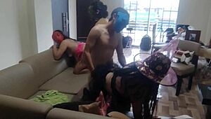 Hey, check this wild orgy at home with horny stepmom and busty stepdaughter!