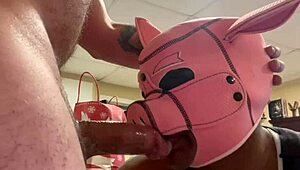 black pig in mask facefucks with drooling throat juice in degrading interracial play