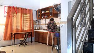 Naked housewife in pantyhose gets off in kitchen as maid