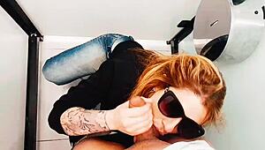 This hot Brazilian redhead sneaked into the men’s bathroom just to please me.