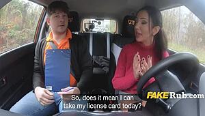 Driving instructor scores with big boobs student outdoors! 🍒