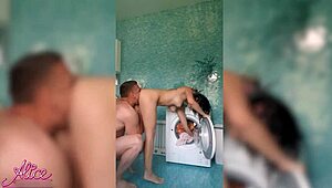 hot babe teases with deep sucking while cleaning.