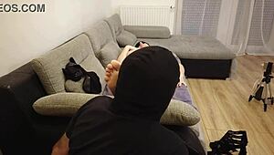 Alex kneels to worship his milf's sexy feet in fishnets
