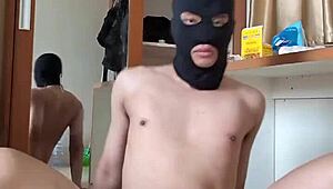 uh, sexy gay in red cd mask playin’ anal