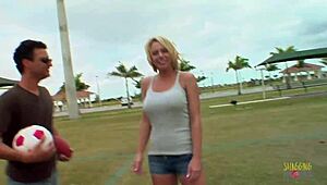 Football player bangs coach’s blonde on sofa. Big tits bounce with every thrust.