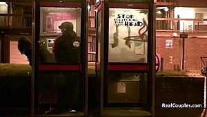 Interracial couple gets daring with a wild outdoor fuck in public. Flashing those stockings!