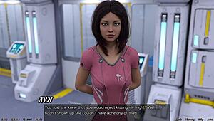 Milf stretches big boobs in space