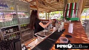 Naughty bartender Isabella fucks black customer in interracial blowjob 😏