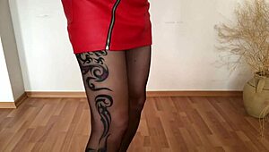 tranny in miniskirt teases with solo handjob, showing off legs in pantyhose