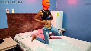 My Brunette Stepsister Wants to Celebrate Halloween in a Hotel Bed with a Mask and Sexy Body Shaking