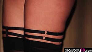 Miranda Nicole, the bombastic muse, spreads long legs in fancy lingerie