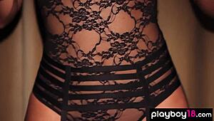 Miranda Nicole, the bombastic muse, spreads long legs in fancy lingerie