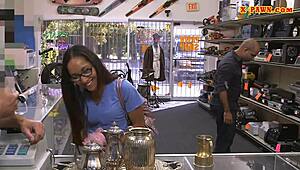 Hidden cam captures amateur brunette babe GETTING NAILED with BIG COCK at pawnshop.