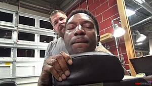 Rocco Steele pounds Romance bareback in a gritty barbershop scene