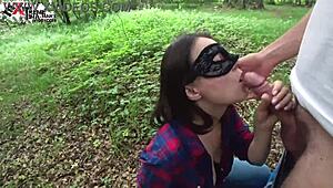 brunette gives deep blowjob to monster cock in forest with cum finish