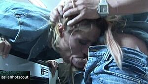 イタリアンスラットがスーパーで剃毛マンコをパウンドされる