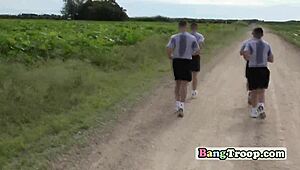 Gay troopers train hard in woods for intense public gangbang action.
