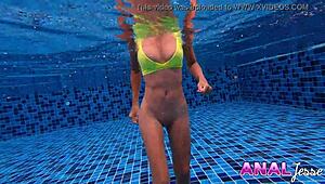 Skinny Asian Slut Swims with Huge Butt Plug in Thong