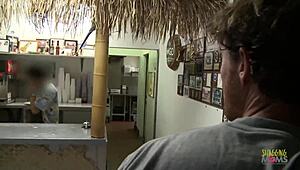 Blonde Milf's Shaved Pussy Teased Under Table