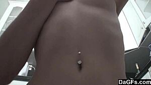 Horny skinny tattooed brunette babe feels bored and horny alone in kitchen.